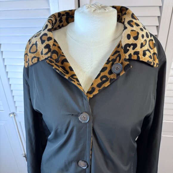 DENNIS BASSO PLUS SIZE 2X REVERSIBLE LEOPARD PLUSH & BLACK TRENCH COAT MOB WIFE - Picture 5 of 12